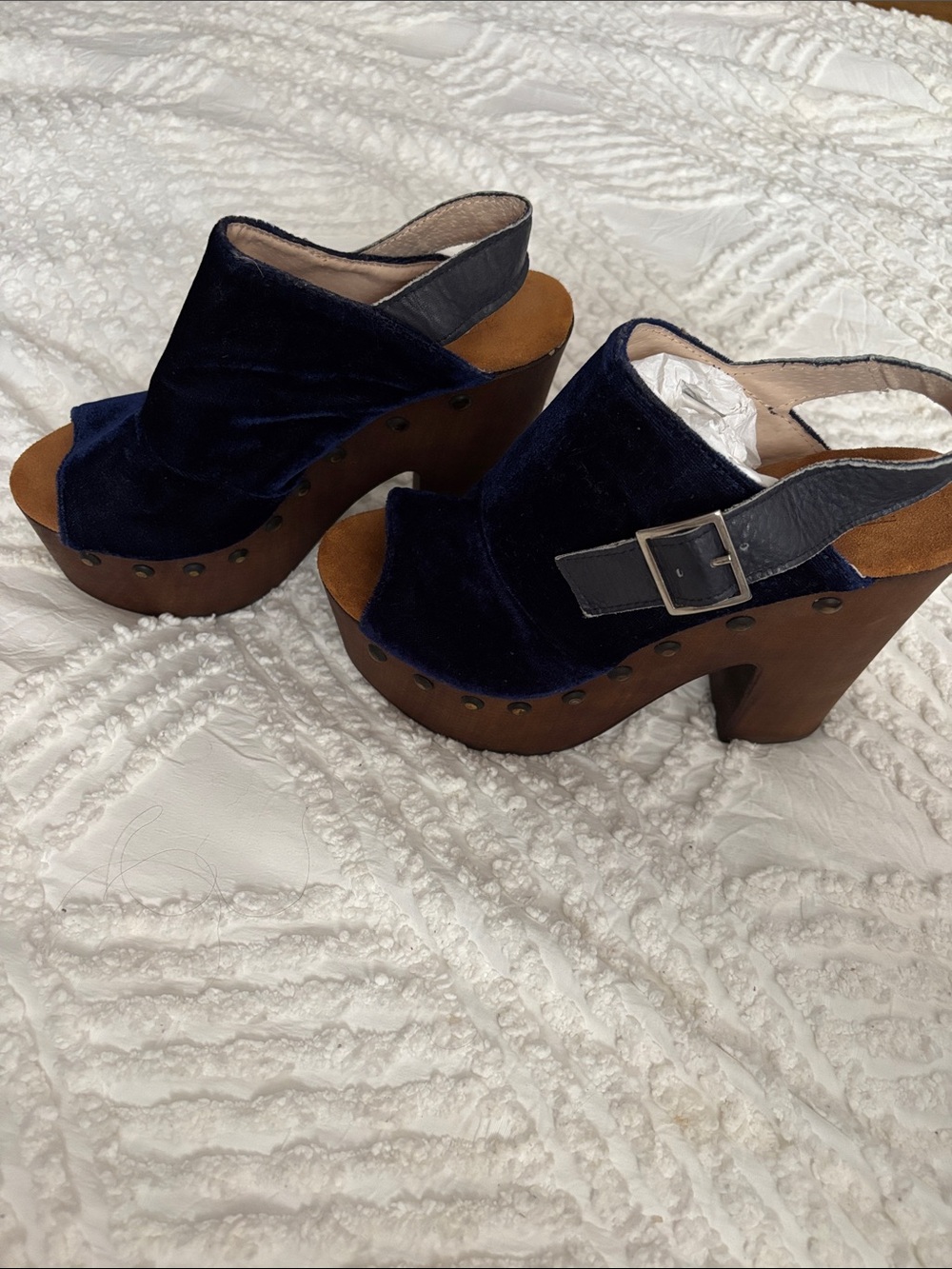 Navy Velvet Platform Clog Heels with Buckle